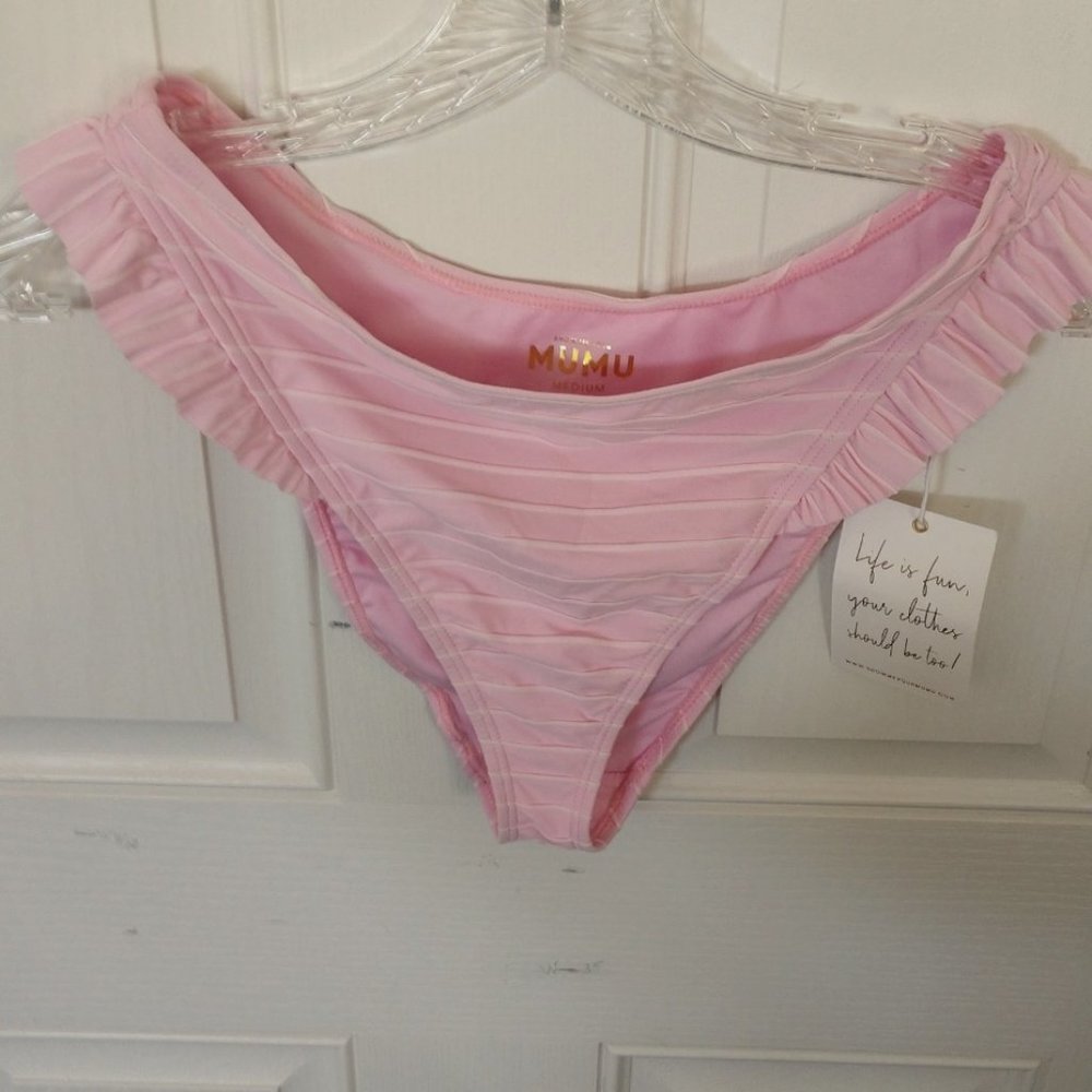 Mumu Bathing Swim Bottom Ruffled Ribbed Pink Medium NWT